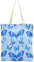 Burbuja Blue Butterflies Canvas Tote Bag, Reusable Grocery Bag with Handles for Casual Shopping Beach Wedding Gift, Washable, 15x16.5 in
