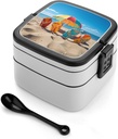 Colorful Flip Flops Beach Ball Bento Box Double-Layer Bento Lunch Container with Spoon And Invisible Handle Adult Leak-Proof Lunchbox for Dining Out Work Picnics Travel