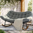 Rocking Papasan Chair,Patio Rocking Chairs for 2-Person Indoor & Outdoor,Oversized Rocking Chair with Thicken Cushion and Steel Frame,Rocker Lounge Chair for Yard,Living Room,Grey