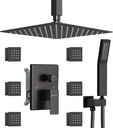 DASAN Full Body Shower System with 6 PCS Body Spray Jets & 12'' Rain Shower Head & Handheld, Ceiling Mount Rain Shower System Matte Black Shower Faucets Sets Complete with Valve, SA-SS03AMB-S12C2