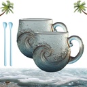 Sea Glass Wave Mug, 12 Oz Handcrafted Ocean Wave Glass Mug Cup, Unique Waves Shape Design Beach Drinkware for Coffee Wine Ice Drink, Sea Waves Mugs Gift for Ocean Coastal Decor Lovers Fans(2PCS)