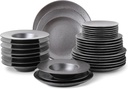 Stone Lain Valencia Porcelain 32-Piece Round Dinnerware Set, Plates and Bowls Set, Dish Set for 8, Metallic Grey