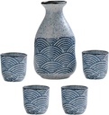 Pottery Sake Set, 5 Piece with Warmer Ceramic Japanese,Wave Texture Ceramic Pot and Cup Elegant Quaint Sake Warmer Decanter Crafts for Cold/Warm/Shochu/Tea (Blu)