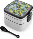 Tropical Plants And Parrots Bento Box Double-Layer Bento Lunch Container with Spoon And Invisible Handle Adult Leak-Proof Lunchbox for Dining Out Work Picnics Travel