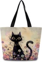 Floral Black Cat Tote Bag Reusable Grocery Bags Cute Aesthetic Shopping Shoulder Handbag with Interior Zipper Pocket Lightweight & Washable Stylish Floral Black Cat Present for Women