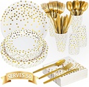 350PCS Gold Party Supplies - Disposable Dinnerware Sets for 50 Guests, Include 50 Paper Plates, 50 Dessert Plates, 50 Silverware, 50 9oz Cups, 50 Napkins, Heavy Duty Utensils for Party, Wedding
