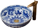 Ceramic Bathroom Vessel Sinks Luxury 100% Hand Painted Blue and White Porcelain Lotus and Fish Design Round Sink Bowl For Vanity Top