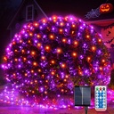 WBao Solar Halloween Lights Outdoor 200LED 8.4ft x 5.2ft Orange Purple Halloween Net Lights with Remote, 8 Modes, Timer, IP65 Waterproof & Dark Green Wire for Lawn, Bushes, Trees, Shrubs Decorations