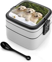 Stackable Double-Layer Bento Box Golden Retriever Puppies Adults Lunchbox with Spoon Cute Japanese Bento Box Dishwasher Safe for Work Travel Dining Outc