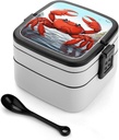 Adult Double-Layer Bento Box Cartoon Crab Portable Lunch Box with Spoon And Invisible Handle Leakproof Microwave-Safe Food Container for Work Travel Camping
