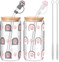 Remerry 2 Sets Cat Paw Glass Cups 16 oz Cute Coffee Cup with Cat Paw Straw Cover Bamboo Lid Glass Straw Cleaning Brush Kitten Lover Gifts for Mom Sister Friends Bestie Birthday Christmas Holiday