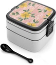 Bento Lunch Box for Women Lunch Containers for Adults Green And Yellow Flowers Double Layered Lunchbox Large Capacity Bento Box with Cutlery for Work Picnic Camping Travel