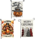 3 Pack Happy Halloween Thanksgiving Christmas Garden Flag12 x 18 inch Double Sided Outside decorations,Holiday Pumpkin Turkey Xmas Tree Small Garden Flags For Outdoor Yard Lawn