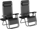 Lavish Home Set of 2 Zero-Gravity Chairs - Folding Patio Furniture - Outdoor Recliners with Side Table, Cup/Phone Holder, and Chair Pillow (Black)