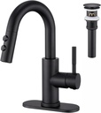Bathroom Sink Faucet with Pull Down Sprayer, Matte Black Single Handle Pull Out Faucet with Pop-Up Drain, 1 or 3 Hole Laundry Bar Basin Faucet with Deck Plate, KBL-7002B-CL2