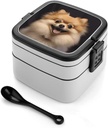 Happy Short-haired Pomeranian Bento Box Adult Lunch Box All-in-One Lunch Containers with Removable Compartments Double Layer Bento Lunch Box with Spoon And Handle Stackable Lunchbox
