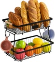 2 Tier Fruit Basket with 2 Banana Hangers, Fruit Bowl for kitchen counter with Wooden Handle, Detachable Large Capacity Fruit Holder Stand for Vegetable Bread Snack Produce Storage