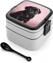 Adult Double-Layer Bento Box Portable Cute Black Pug Lunchbox 1 L Capacity Leak-Proof Bento Box Microwave-Safe Food Container with Spoon And Hidden Handle