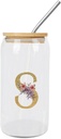 Glass Cups with Bamboo Lids And Straw 16 Oz, Golden Wood Grain Purple Floral Initial Letter S Iced Tea Glasses Drinking Glasses Set Tumbler Glass Can Coffee Cups, Drinking Glassware