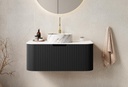 36" Floating Bathroom Vanity with Single Sink, Modern Wall-Mounted Curved Edges Striped Bathroom Storage Cabinet with White Ceramic Basin & Drawer for Bathrooms Furniture, Black