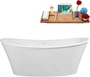 Streamline 63" Freestanding Soaking Bathtub – Glossy White Acrylic Tub with Polished Gold Internal Drain and Bamboo Tray – 59 Gallon Capacity