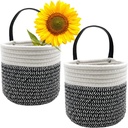 Cotton Rope Hanging Baskets for Organizing 2 Pcs Round Small Wall Basket with Handles Woven Organizer Storage Basket for Kitchen Bedroom Living Room Office(6”x6”, Black & White)