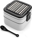 Bento Box Stackable Lunch Box with 2 Compartments Leak-Proof Food Storage Containers Black And White Stripes Bento Lunch Box for Adults Lunch Containers with Utensil Set