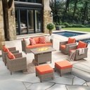 8 Pieces Patio Furniture, Wicker Sectional Sofa, Swivel Chairs, Fire Pit Table, Ottoman, Rattan Conversation Sets Outdoor Couch Furniture for Backyard, Garden, Porch, Poolside Orange-Red