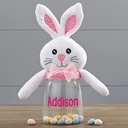 Personalization Universe Easter Bunny Personalized Easter Bunny Candy Jar, Easter Basket Stuffer, Pink or Blue Polka Dot, Custom Name Easter Decoration - Pink