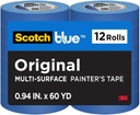 ScotchBlue Original Multi-Surface Painter's Tape, 0.94 Inches x 60 Yards, 12 Rolls, Blue, Paint Tape Protects Surfaces and Removes Easily, Multi-Surface Painting Tape for Indoor and Outdoor Use