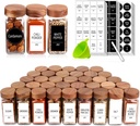 Churboro 36 Glass Spice Jars with 547 Labels with Shaker Lids - 4 Oz Square Spice Containers with Acacia Wood Lids, Chalk Pen, Funnel Seasoning Jars for Spice Rack, Cabinet, or Drawer