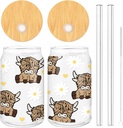 Whaline 2Pcs Highland Cow Iced Coffee Cup Brown Cow Daisy Heart Drinking Glasses 16oz Cute Glass Cup with Lids and Straw for Cocktails Whiskey Beer Soda Gifts