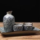 Japanese Sake Set with Tray – Retro Ceramic Hand-Painted Sake Pot, 4 Cups, and Rectangular Tray, Blue and White Safflower Design
