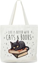 Women's Canvas Tote Bags, Life Is Better With Cats And Books Tote Bag, Reusable Cute Cat Themed Book Tote, Gifts For Readers Friends Mom Colleagues, Christmas Thanksgiving Presents-15
