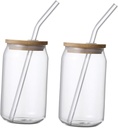 Luxshiny 2pcs Glass Juice Cups with Lids and Straws Iced Tea Beverage Tumblers for Home and Restaurant Use Stylish Flat Bottomed Drinking Glass