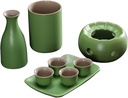 Ceramic Sake Set with Thermal Pot and Tray-8-piece Pottery Set Including 1 Sake Pot 4 Sake Cups 1 Vacuum Cup 1 Candle Stove and 1 Tray (Color : Brown) (Green)