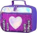 Handheld Lunch Box, Reusable Insulated Flip Sequins Lunch Tote Bag Handheld Box Roomy Carry Bag Lunchbox Gifts for Women Glittering Shining Travel Meal Tote Kit (Purple Heart)