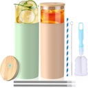 Glass Tumbler with Straws and Lids,2 Pack 20 Oz Cute Tumbler Cup,Spill Proof Glass Water Bottle With Silicone Protective Sleeve and Brushes,Iced Coffee Cups,Wide Mouth Boba Smoothie Cups