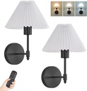 Battery Operated Wall Sconces Set of 2,Black Rechargeable Wall Lights with Remote,Dimmable Wall Lamp with Pleated Shades,15 Colors Wireless Bathroom Vanity Wall Light for Bedroom Living Room Hallway