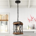 Rustic Farmhouse Wood Pendant Light Fixture One-Light Adjustable Chain Oak Wood and Metal Lantern Cage Small Pendant Lighting for Kitchen Island Sink Hallway Farmhouse Bathroom Bar, Black