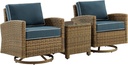Crosley Furniture Bradenton 3-Piece Wicker Swivel Rocker Outdoor Chair and Side Table Set for Patio, Porch, Brown with Navy Cushions