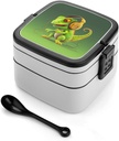 Bento Lunch Box for Women Lunch Containers for Adults Chameleon Listen Music Double Layered Lunchbox Large Capacity Bento Box with Cutlery for Work Picnic Camping Travel