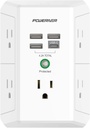 USB Wall Charger, POWERIVER Multi Outlet Extender Surge Protector with 4 USB Ports, 1680J Wall Outlet Adapter Spaced for Home School Office, ETL Listed, White