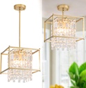 Gold Crystal Chandelier Industrial Pendant Light 11.81 inch Square 4 Lights Modern Vintage Semi Flush Mount Ceiling Light Fixture for Kitchen Island Dining Room Living Room Bedroom