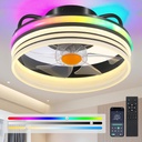 Flush Mount Ceiling Fan with RGB Light - 13“ Small Bladeless Ceiling Fan Light with Reversible Mute Motor, RGB LED Dimmable, Low Profile Enclosed Ceiling Fans for Indoor, Kids Room, Party