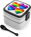 Rainbow Colored Gay Pride Hearts Bento Box Double-Layer Bento Lunch Container with Spoon And Invisible Handle Adult Leak-Proof Lunchbox for Dining Out Work Picnics Travel