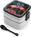 All-in-One Bento Box Stackable Leak-Proof Lunch Box With Carry Handle 2 Layer Portable Meal Prep Container Flamingo Flowers Lunchbox with Utensils for Dining Out Work