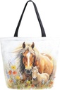 ALAZA Horse Flowers Canvas Tote Bag for Women Travel Work Shopping Grocery Top Handle Purses Large Totes Reusable Handbags Cotton Shoulder Bags62