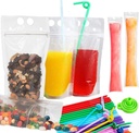 100Pcs double zip pouches drink Bags with 100 Straws,&30 Popsicle Bags Heavy-duty Handheld Foldable Ice Beverage Bags for Smoothies, Cold & Hot Drinks