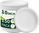 10 Inch Compostable Paper Plates【White 150 Pack】, 100% Sugarcane Bagasse Large Disposable Plates, Sturdy Heavy Duty, Biodegradable Dinnerware for Party, BBQ, Picnic, Catering